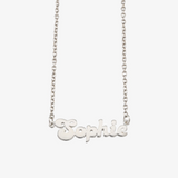 Von Treskow sterling silver name necklace featuring the name Sophie in a cursive script on a delicate chain