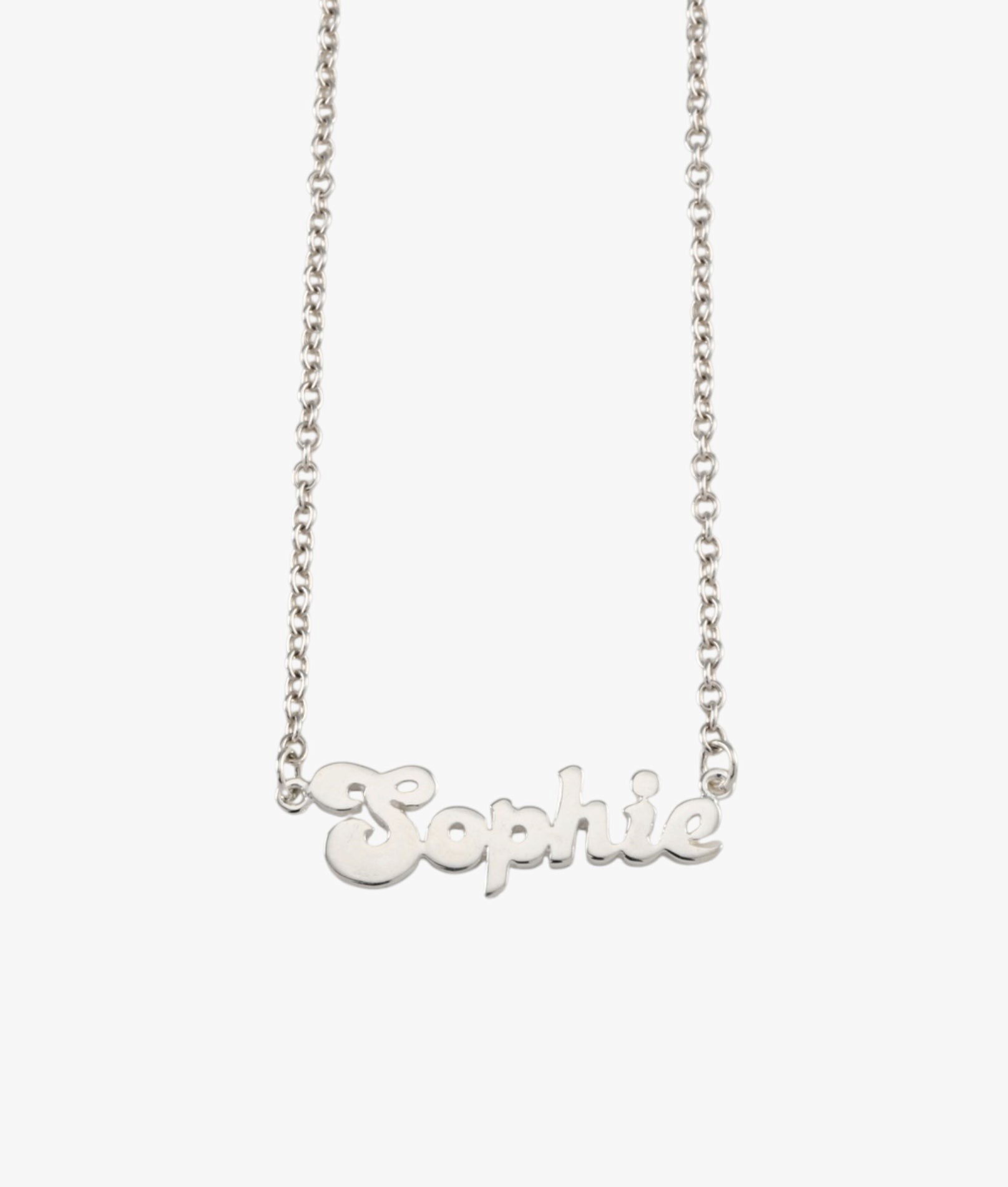 Von Treskow sterling silver name necklace featuring the name Sophie in a cursive script on a delicate chain