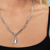 Alternating Link Engraved Padlock Necklace