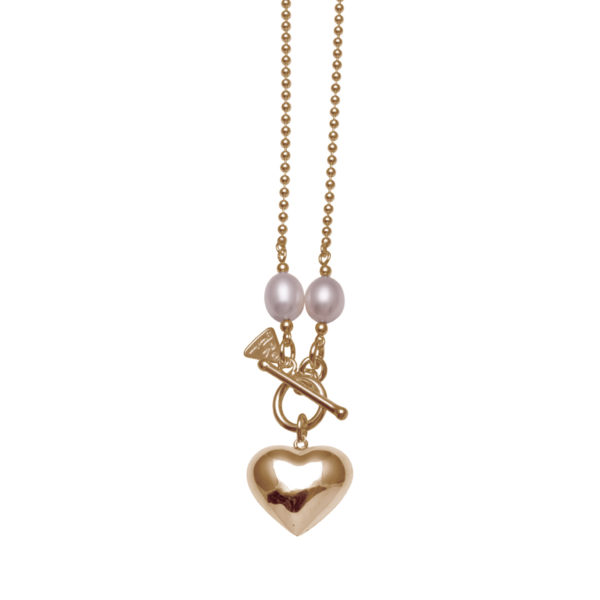 Ball chain necklace with oval pearl & puffy heart (80cm) - Von Treskow